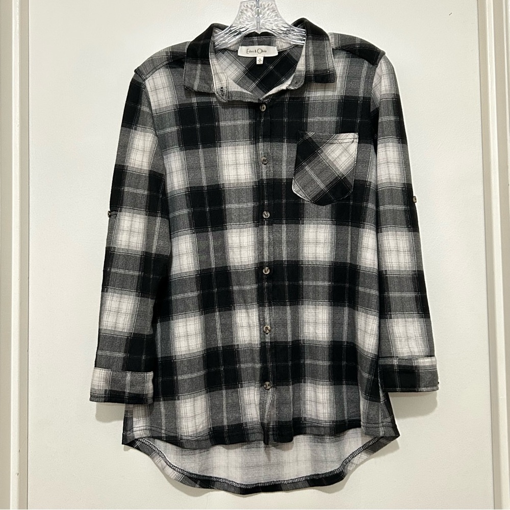 Eden & Olivia Women's Black/White Plaid Flannel Shirt 3/4 Roll-tab Sleeves Sz M